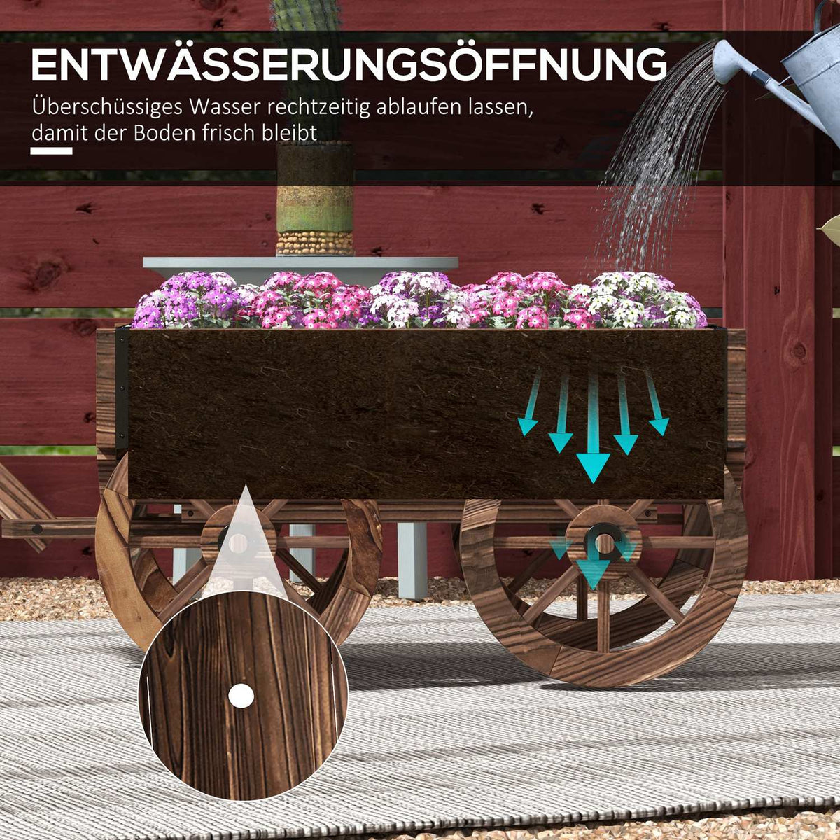 Flower Box In Wooden Trolley Design, Plant Trolley With Handle, Holds Up To 30 Kg, For Garden & Patio, Charred