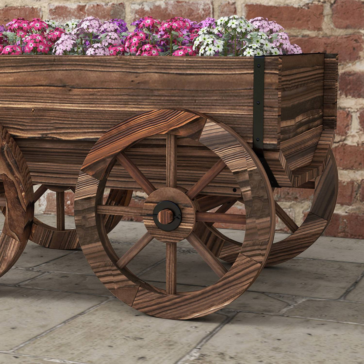 Flower Box In Wooden Trolley Design, Plant Trolley With Handle, Holds Up To 30 Kg, For Garden & Patio, Charred