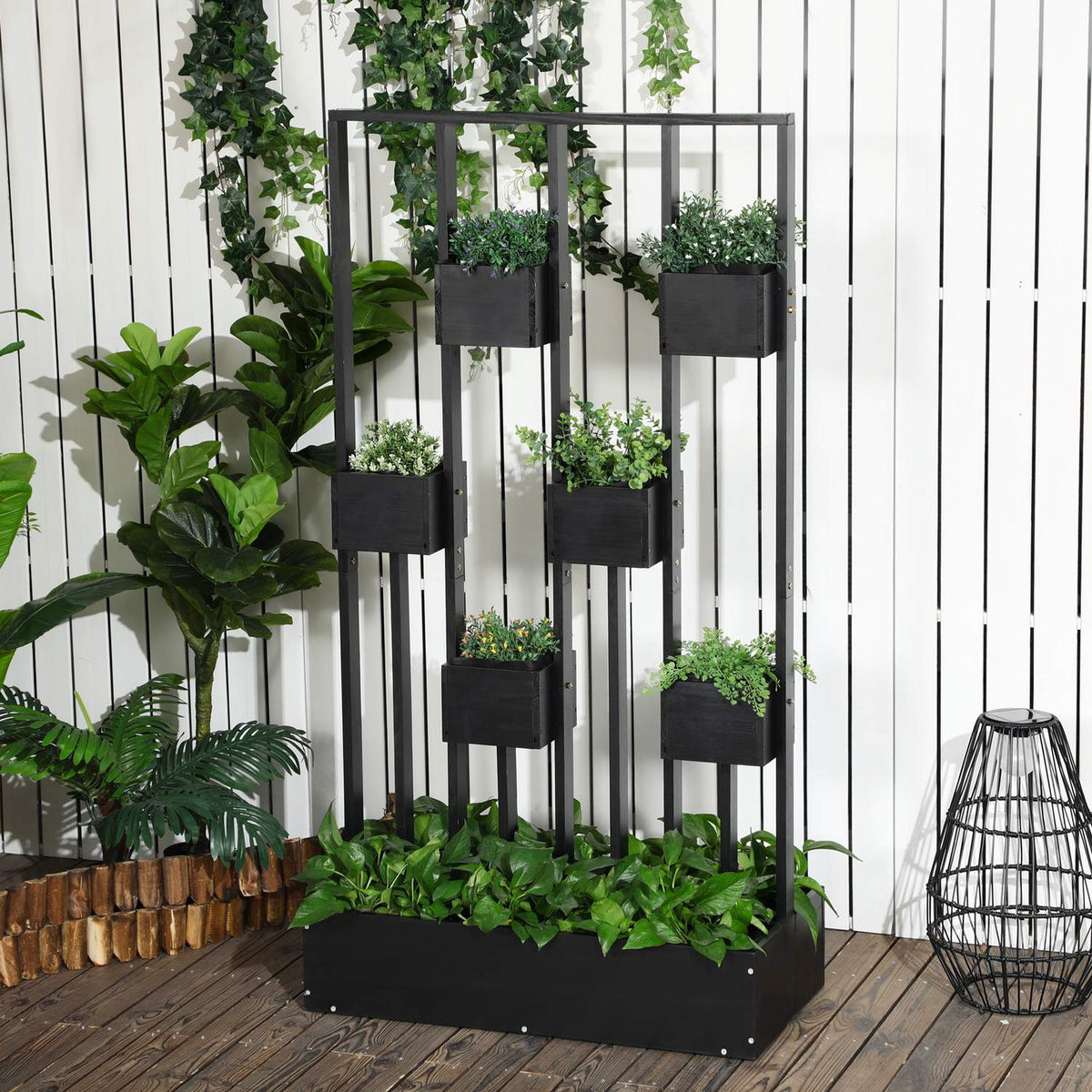 Flower Box, Raised Bed, Plant Box With Trellis, Modular Design, Wall Vegetable Bed For Patio, Solid Wood, Black, 90 X 45 X 170 Cm