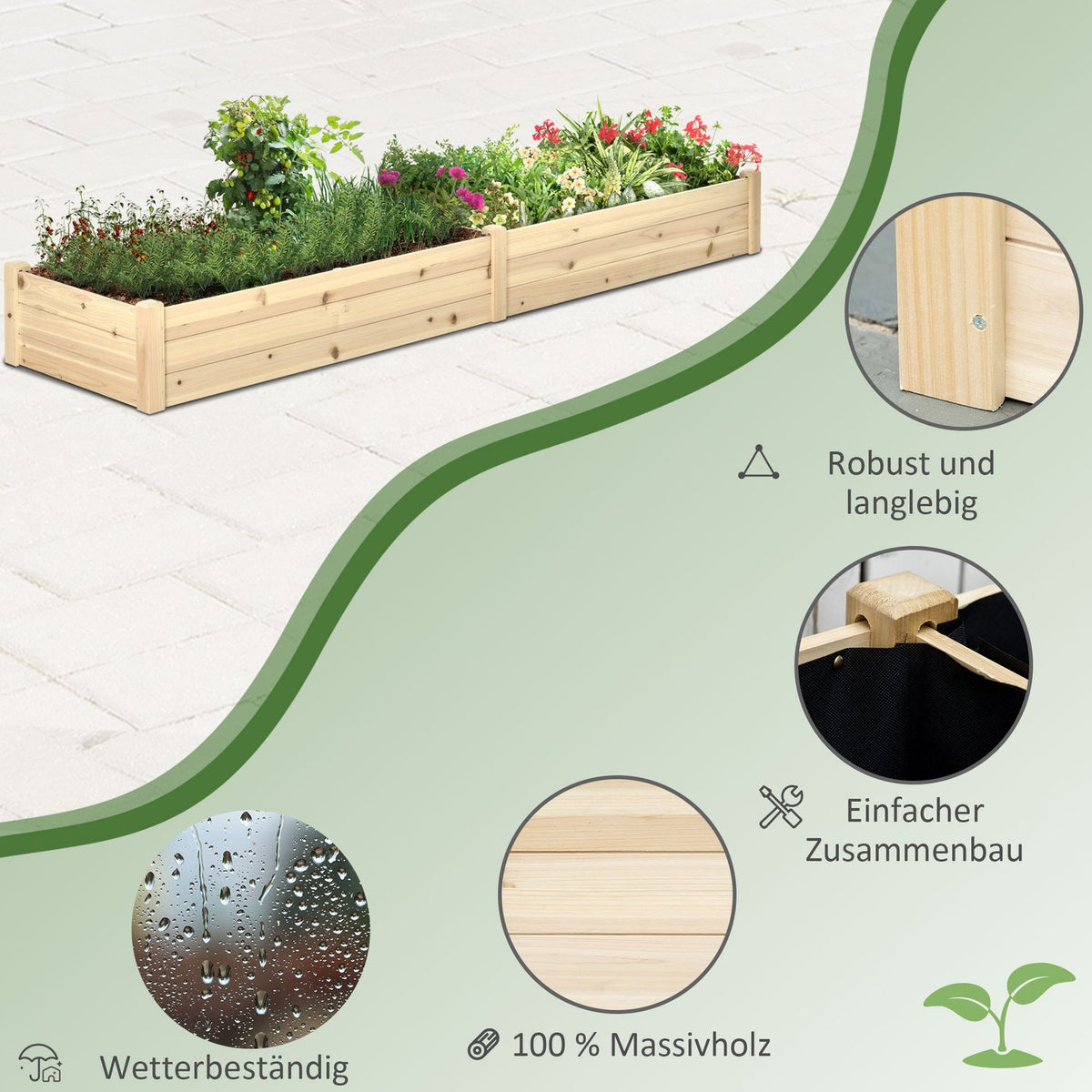 Flower Box Wooden Plant Box With 2 Areas For Vegetables & Herbs, Natural, 244X61.5X27Cm