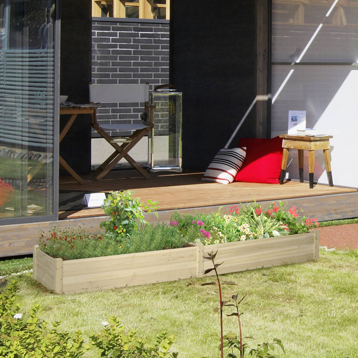 Flower Box Wooden Plant Box With 2 Areas For Vegetables & Herbs, Natural, 244X61.5X27Cm