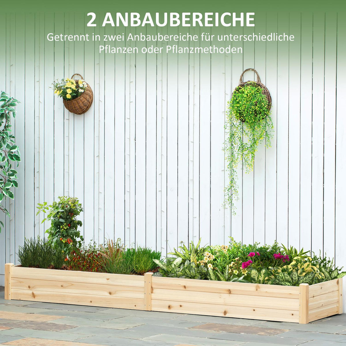 Flower Box Wooden Plant Box With 2 Areas For Vegetables & Herbs, Natural, 244X61.5X27Cm