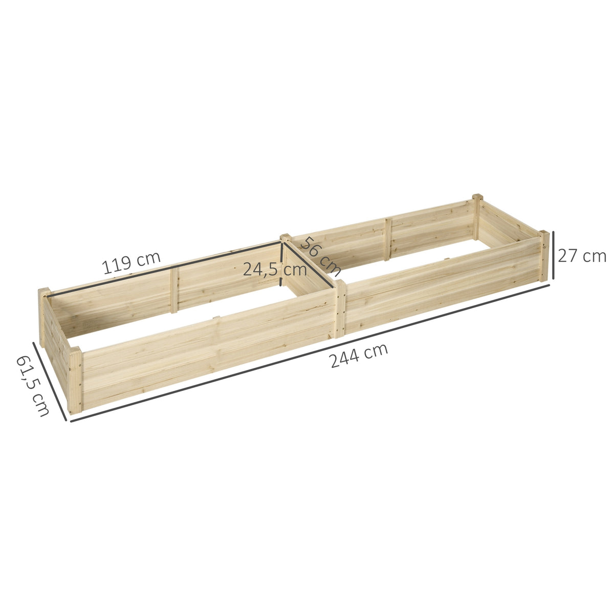 Flower Box Wooden Plant Box With 2 Areas For Vegetables & Herbs, Natural, 244X61.5X27Cm