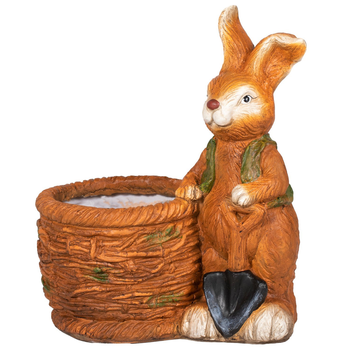 Flower Pot "Rabbit With Wicker Basket" Design, Herb Pot With Drainage Hole, For Garden & Living Room, Mgo