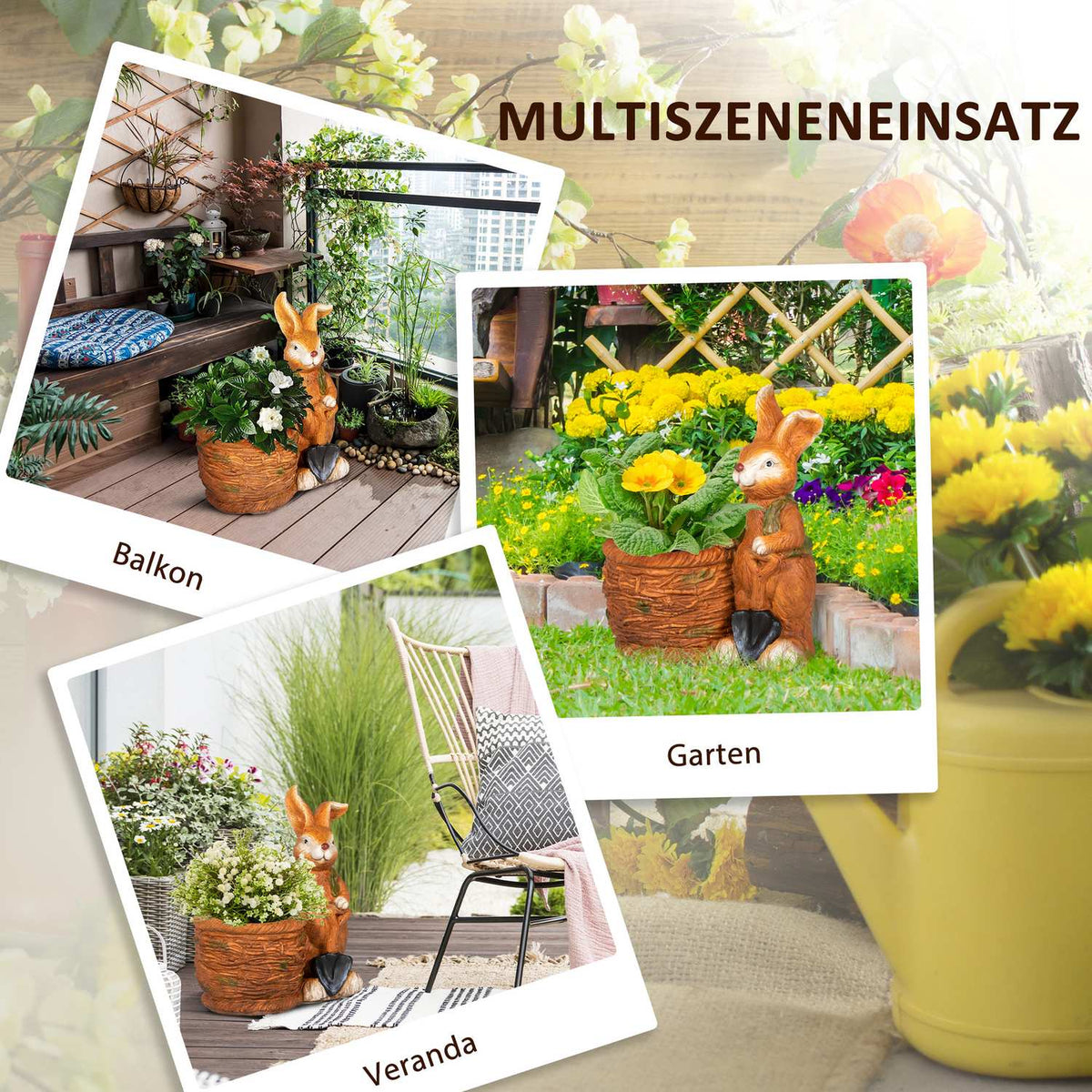 Flower Pot "Rabbit With Wicker Basket" Design, Herb Pot With Drainage Hole, For Garden & Living Room, Mgo