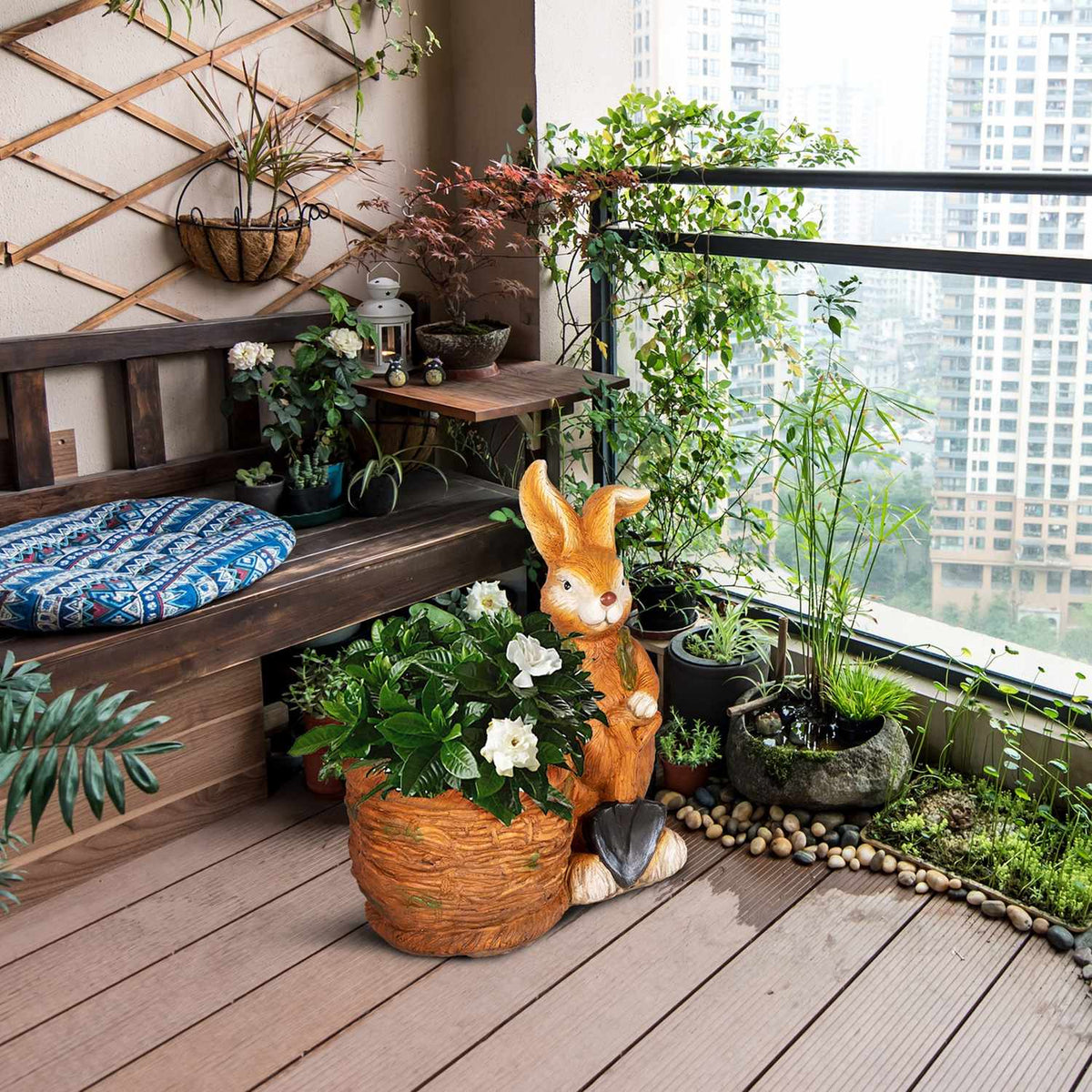 Flower Pot "Rabbit With Wicker Basket" Design, Herb Pot With Drainage Hole, For Garden & Living Room, Mgo