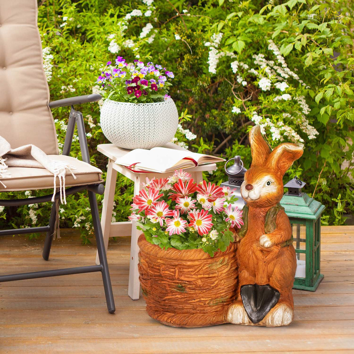 Flower Pot "Rabbit With Wicker Basket" Design, Herb Pot With Drainage Hole, For Garden & Living Room, Mgo