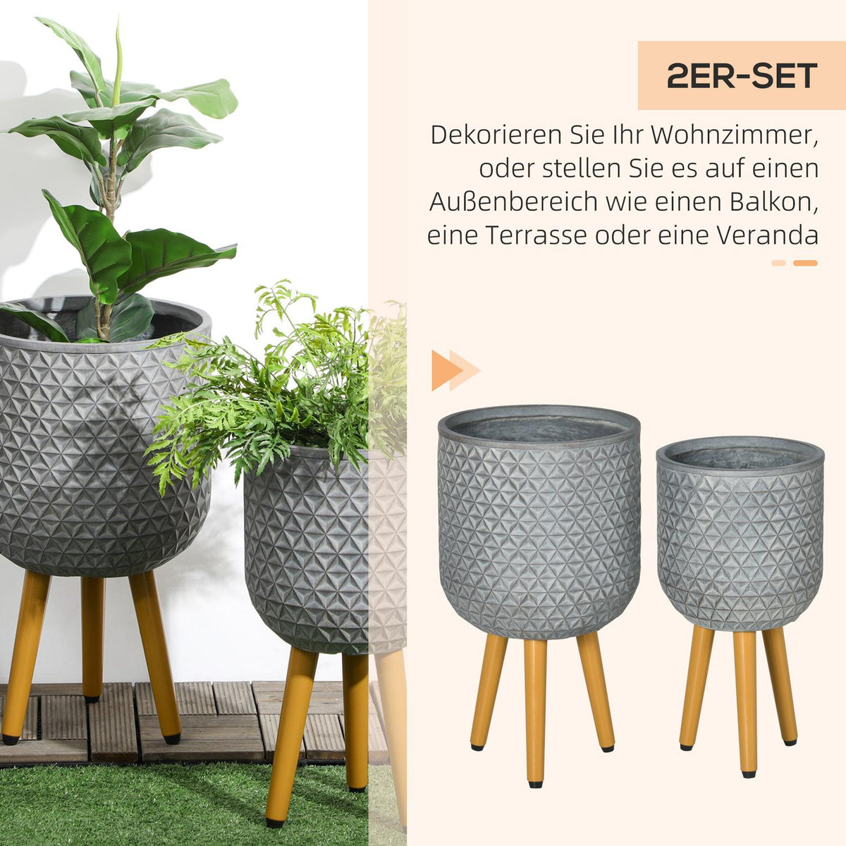 Flower Pots Set Of 2 Plant Pots With Removable Feet & Drainage Holes For Indoor & Outdoor Use Mgo Gray