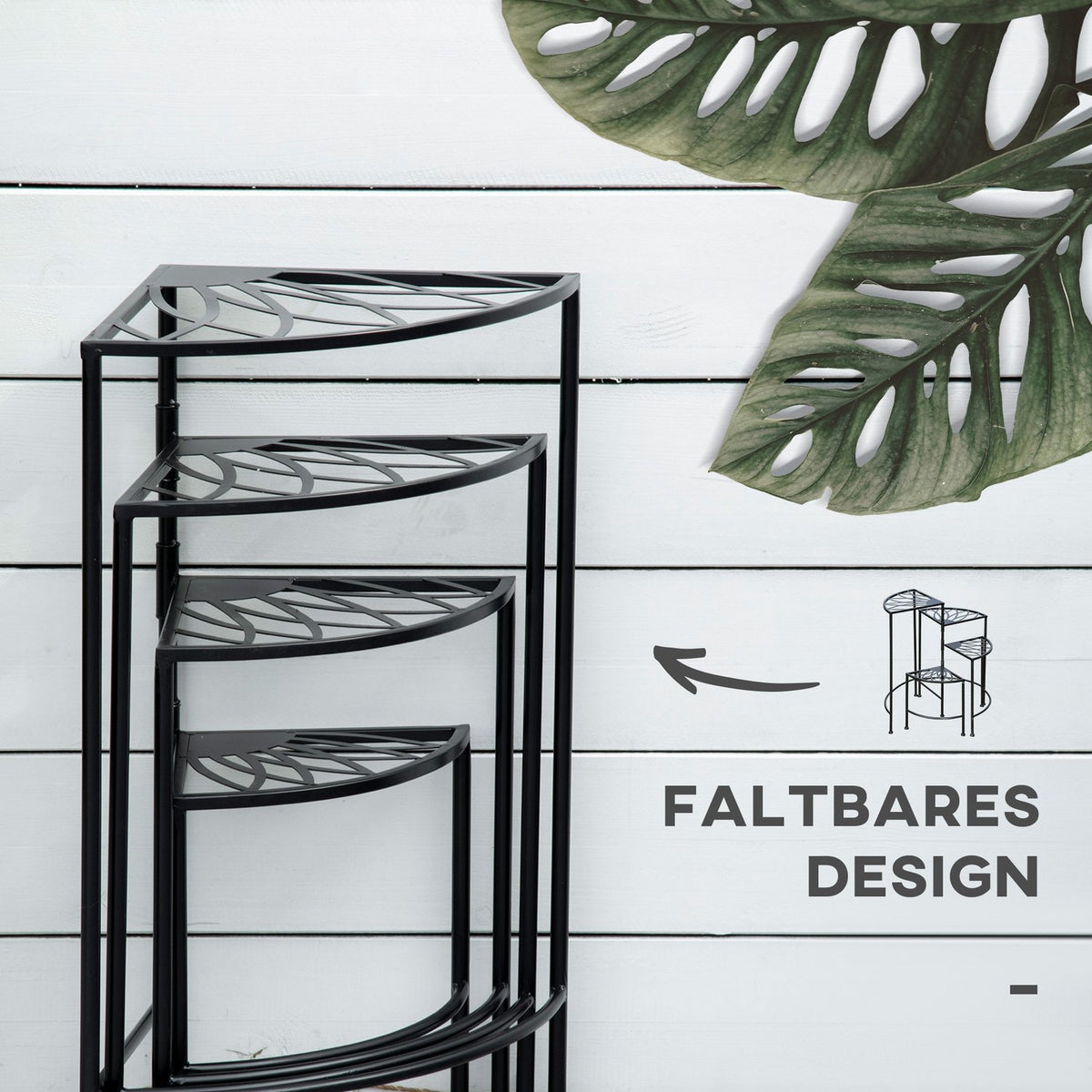 Flower Shelf Folding Plant Stairs with 4 Tiers, Steel, Black, 57 x 55 x 63 cm, for Garden & Balcony