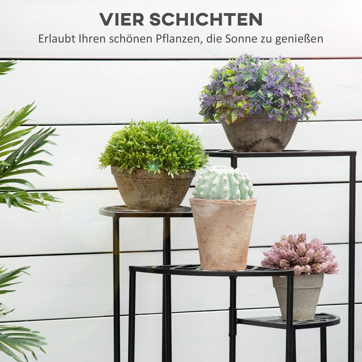 Flower Shelf Folding Plant Stairs with 4 Tiers, Steel, Black, 57 x 55 x 63 cm, for Garden & Balcony
