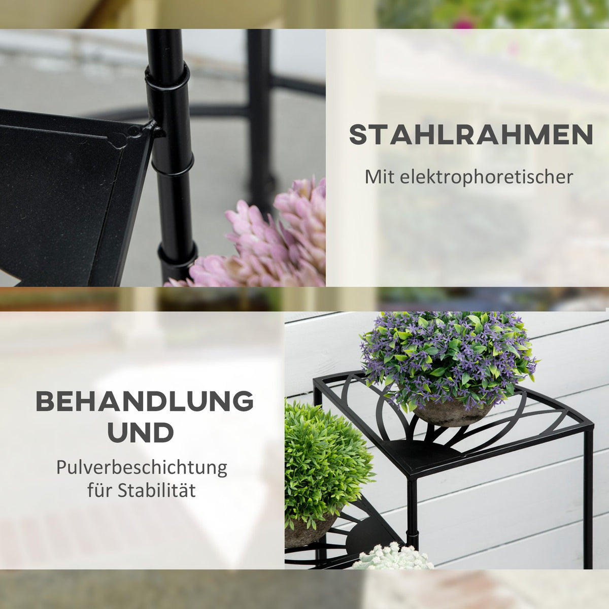 Flower Shelf Folding Plant Stairs with 4 Tiers, Steel, Black, 57 x 55 x 63 cm, for Garden & Balcony