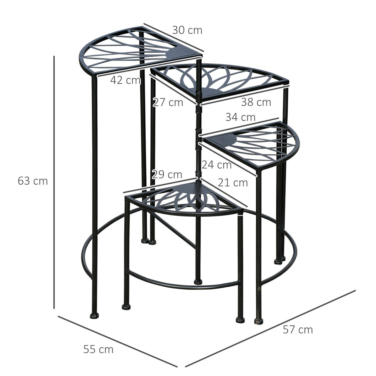 Flower Shelf Folding Plant Stairs with 4 Tiers, Steel, Black, 57 x 55 x 63 cm, for Garden & Balcony