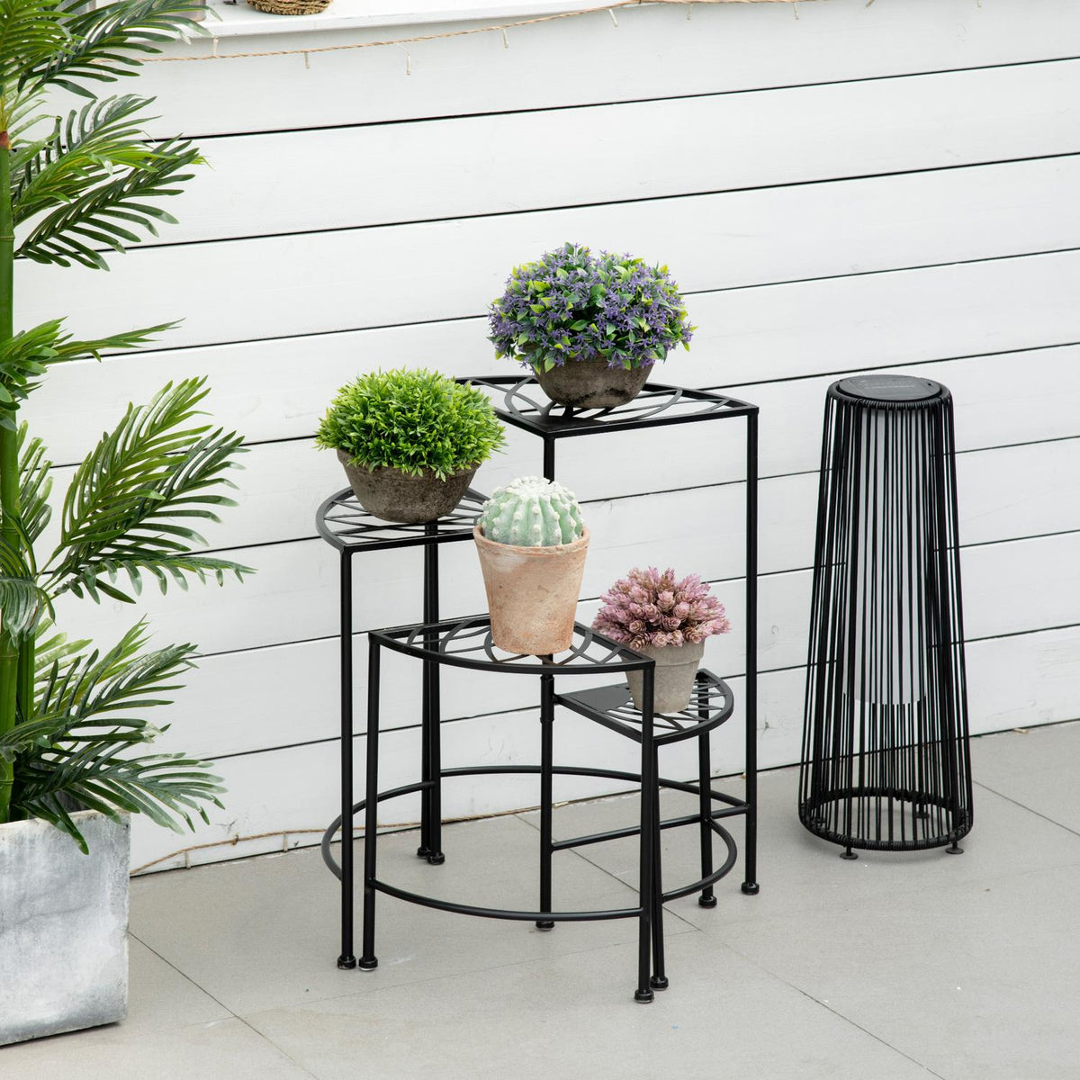 Flower Shelf Folding Plant Stairs with 4 Tiers, Steel, Black, 57 x 55 x 63 cm, for Garden & Balcony