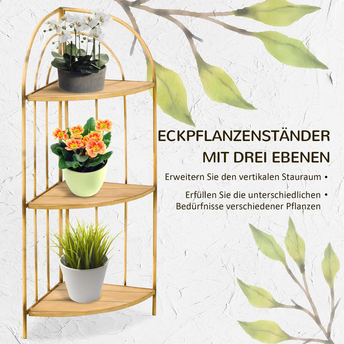 Flower Shelf, Folding Plant Stand With 3 Tiers, Corner Plant Stairs, Plant Shelf, Flower Stand, Metal, Brown, 36.5 X 36.5 X 108Cm