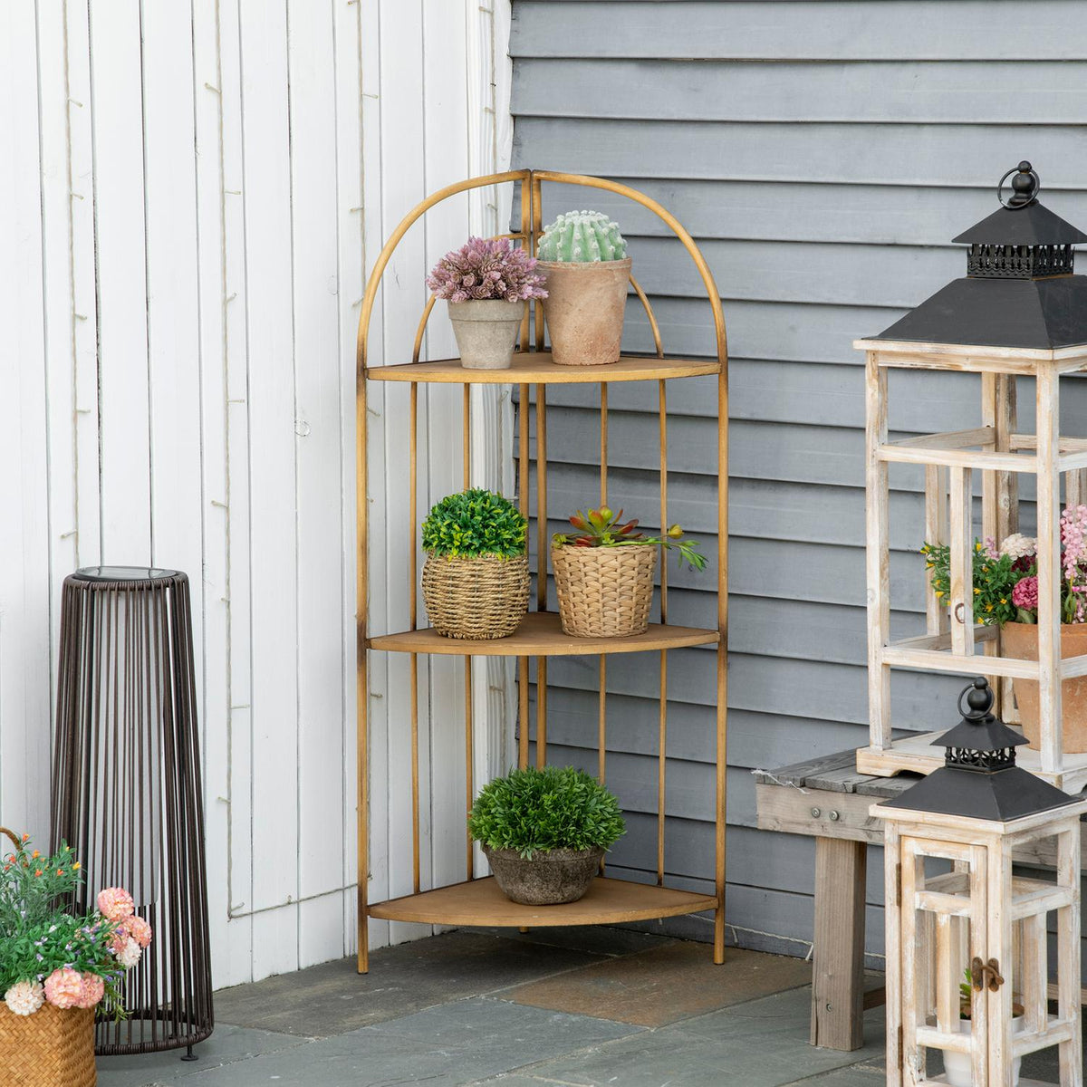 Flower Shelf, Folding Plant Stand With 3 Tiers, Corner Plant Stairs, Plant Shelf, Flower Stand, Metal, Brown, 36.5 X 36.5 X 108Cm