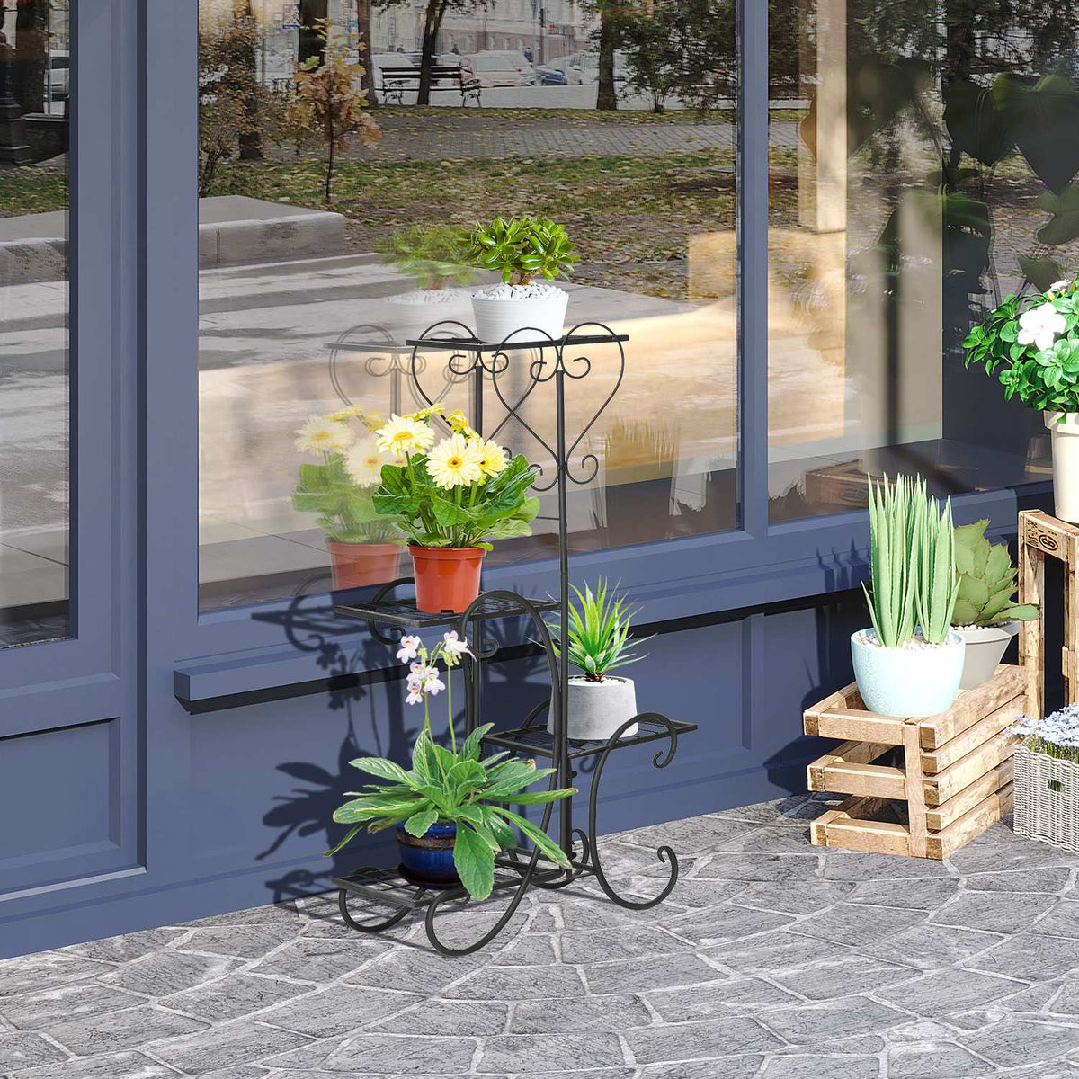 Flower Shelf Metal 4 Tier Plant Shelf For Garden & Balcony, Flower Stairs, Black, 45X24.5X80Cm