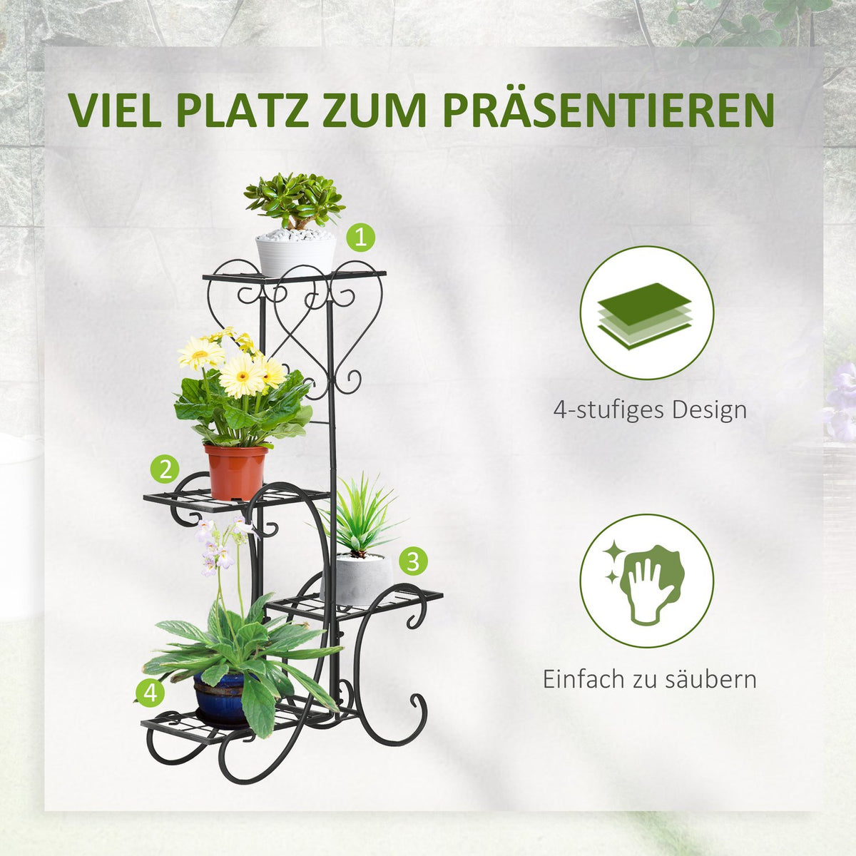 Flower Shelf Metal 4 Tier Plant Shelf For Garden & Balcony, Flower Stairs, Black, 45X24.5X80Cm