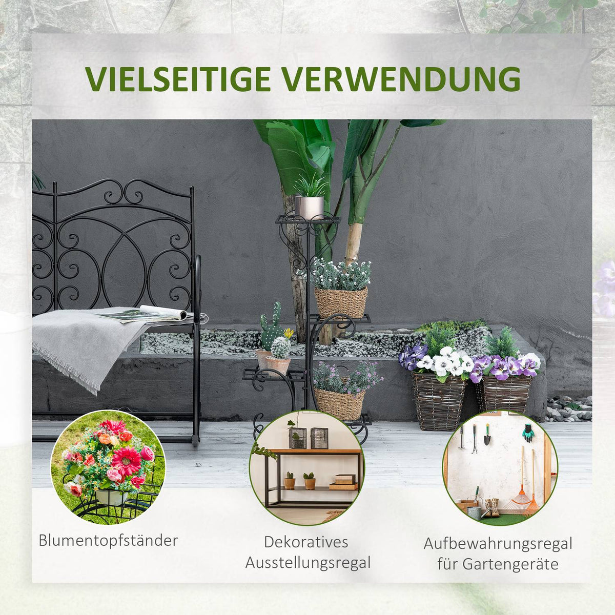 Flower Shelf Metal 4 Tier Plant Shelf For Garden & Balcony, Flower Stairs, Black, 45X24.5X80Cm