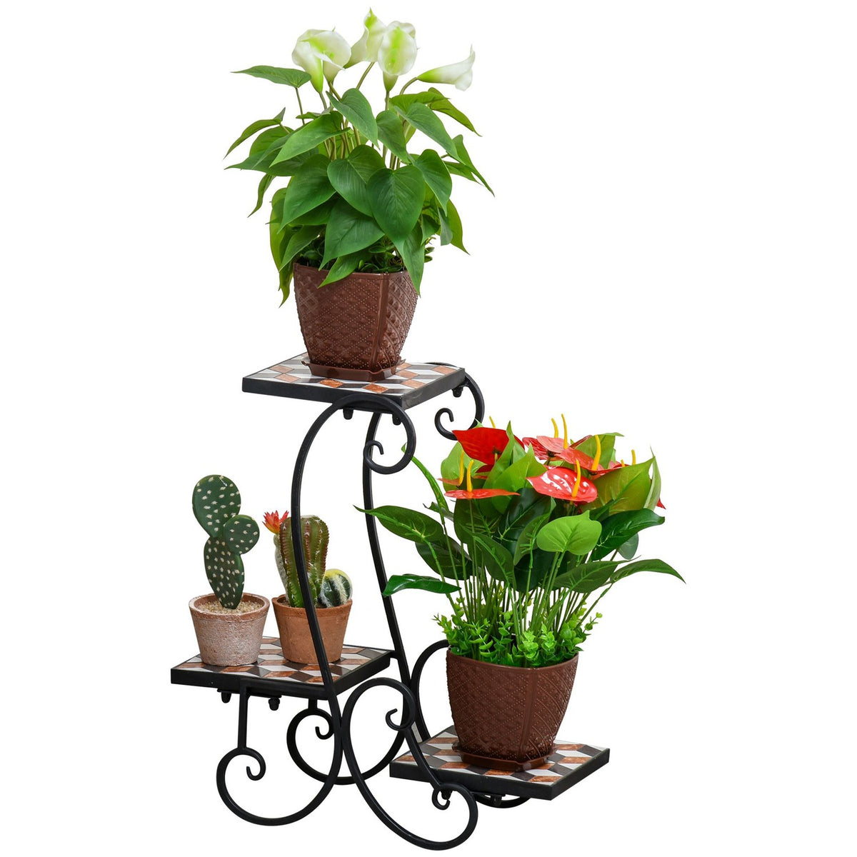 Flower Shelf Plant Stand With Mosaic Table Metal Indoor Outdoor Black