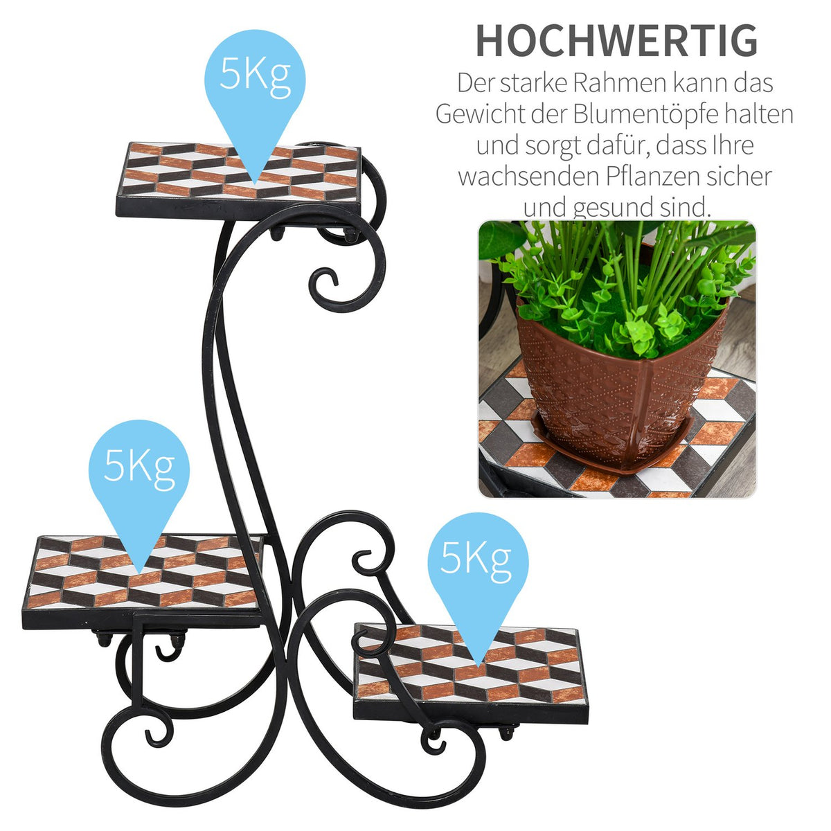 Flower Shelf Plant Stand With Mosaic Table Metal Indoor Outdoor Black