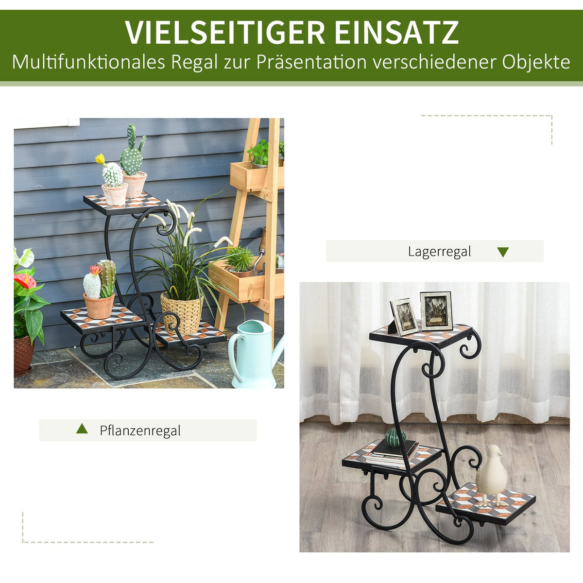Flower Shelf Plant Stand With Mosaic Table Metal Indoor Outdoor Black
