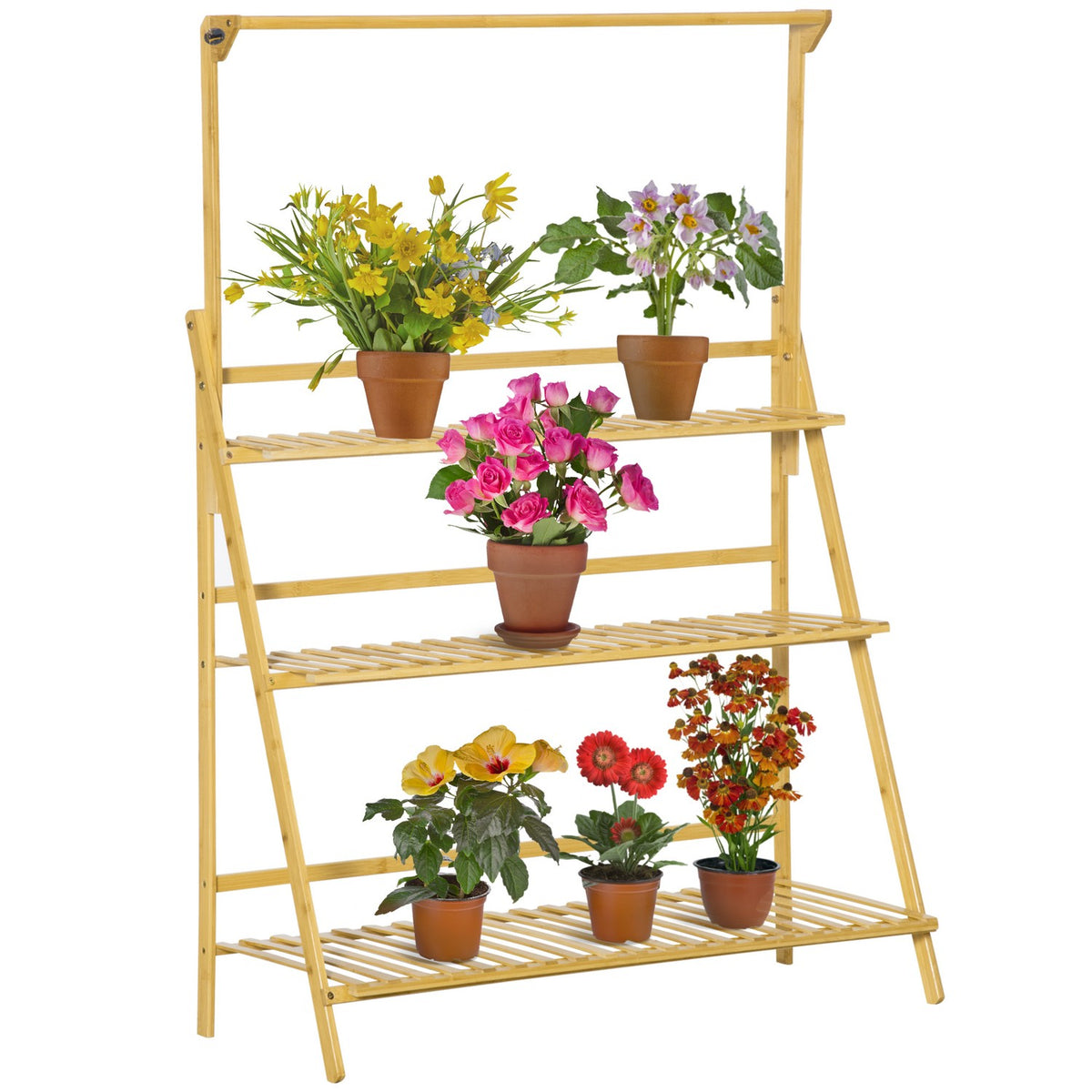 Flower Staircase Wooden Large Ladder Shelf With Adjustable Hanging Height, For Indoor & Outdoor, Natural Bamboo, 100X40X143Cm