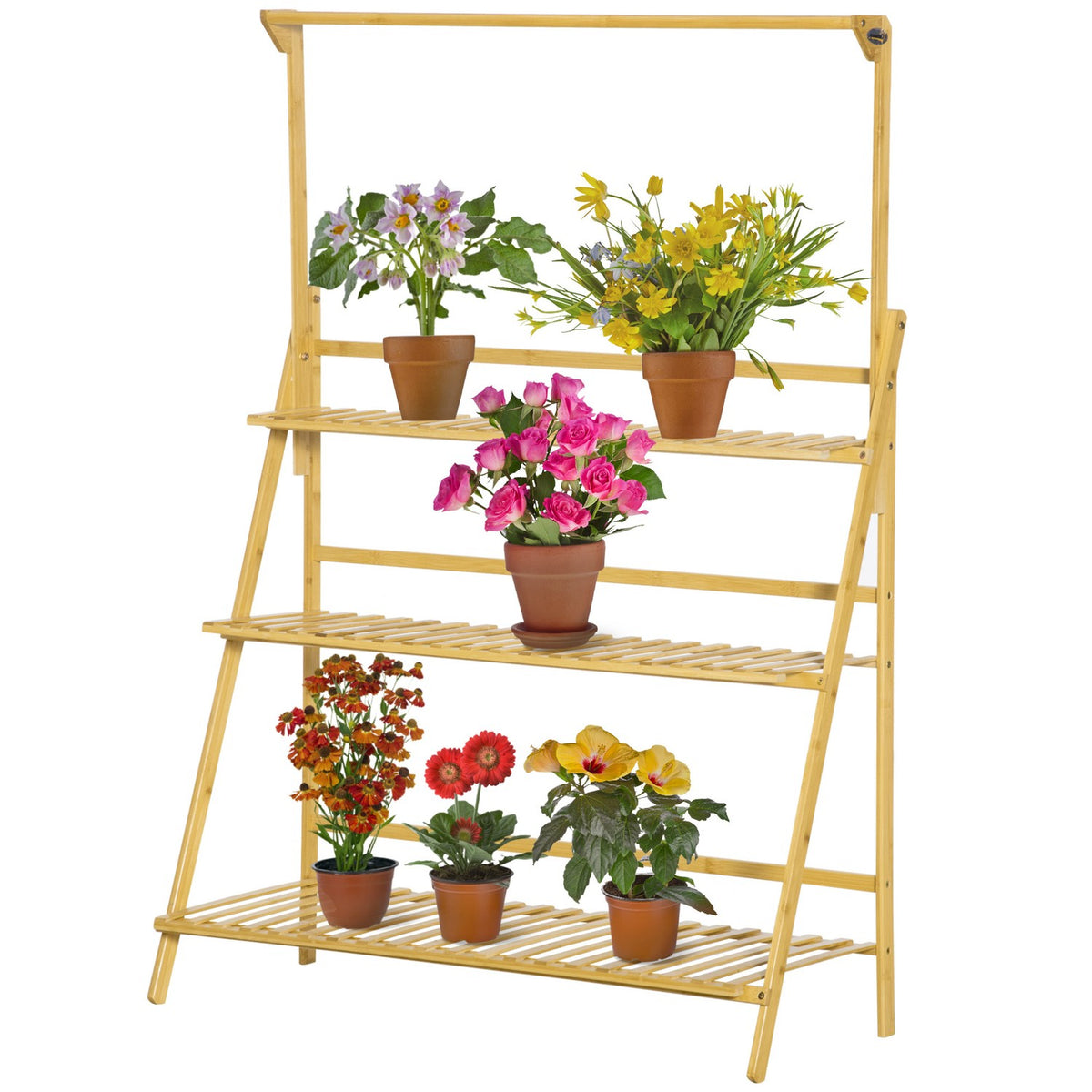Flower Staircase Wooden Large Ladder Shelf With Adjustable Hanging Height, For Indoor & Outdoor, Natural Bamboo, 100X40X143Cm
