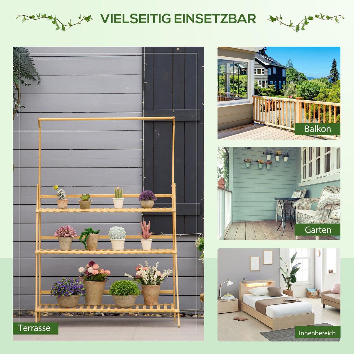 Flower Staircase Wooden Large Ladder Shelf With Adjustable Hanging Height, For Indoor & Outdoor, Natural Bamboo, 100X40X143Cm