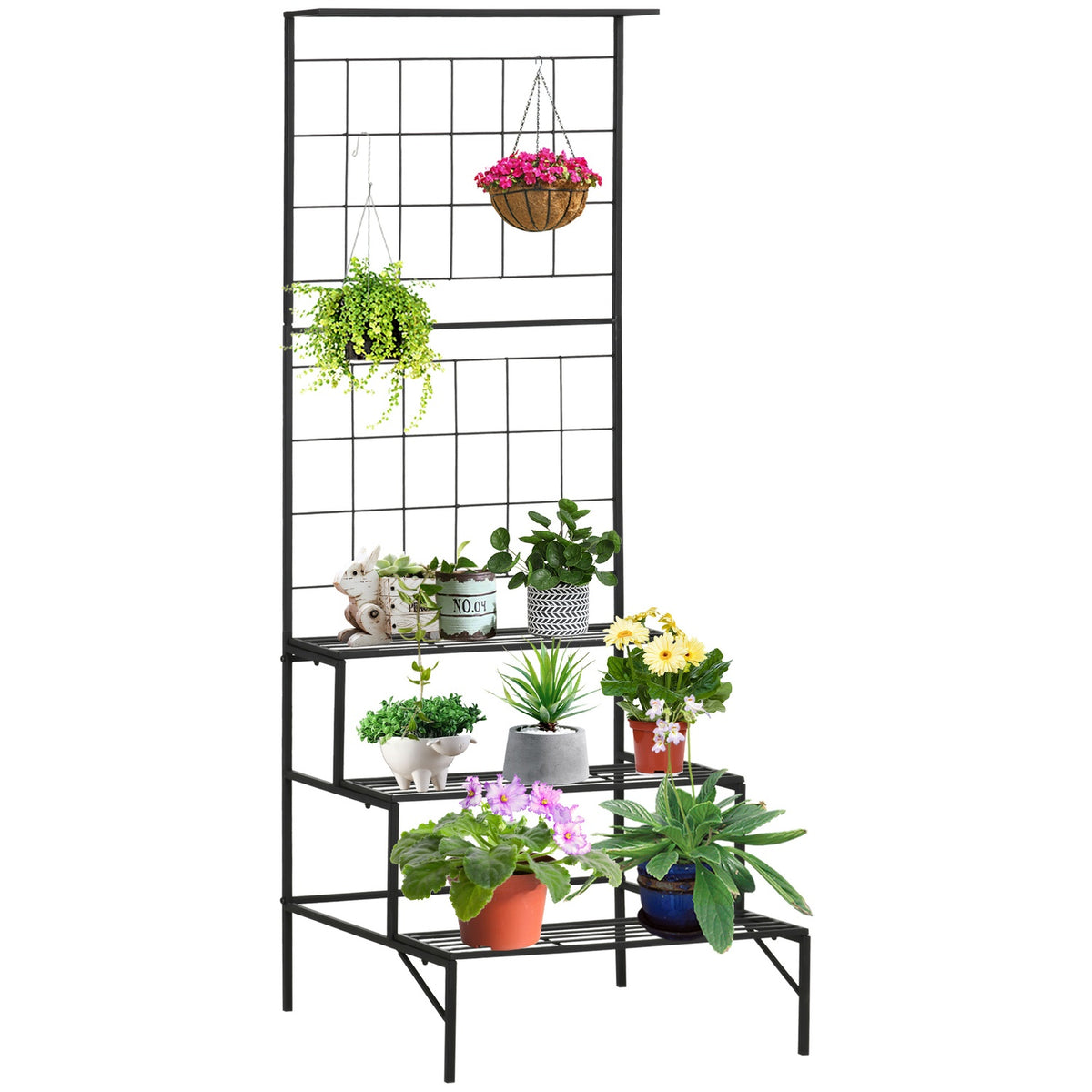 Flower Stairs Metal 3 Steps Plant Stand For Indoor & Outdoor, Ladder Shelf, Black, 60.5X59.5X95.5Cm
