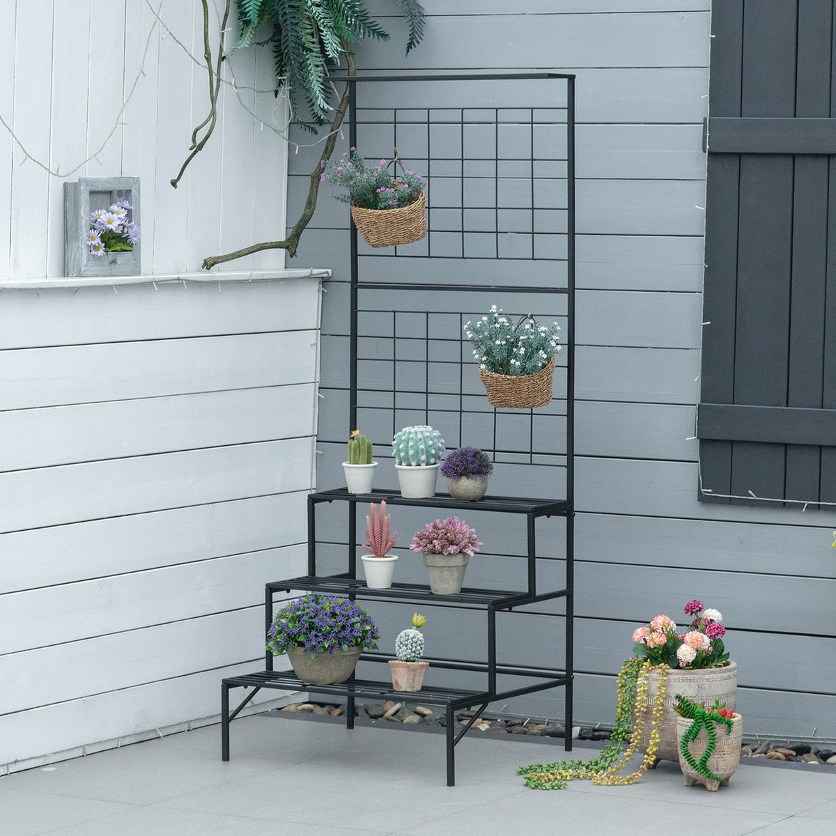 Flower Stairs Metal 3 Steps Plant Stand For Indoor & Outdoor, Ladder Shelf, Black, 60.5X59.5X95.5Cm