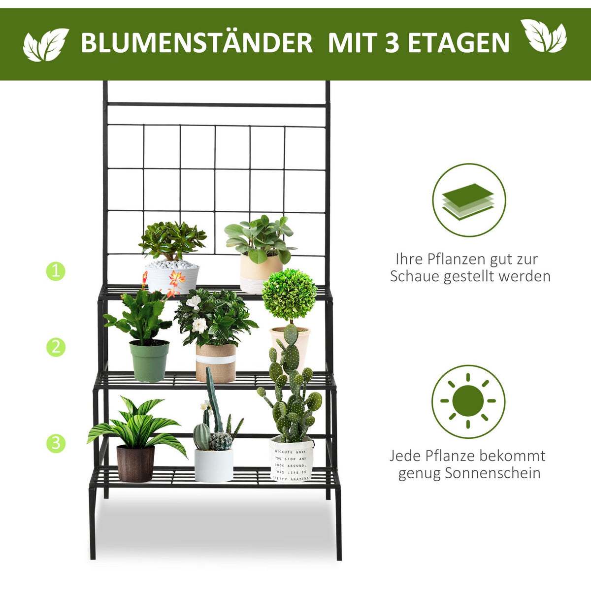 Flower Stairs Metal 3 Steps Plant Stand For Indoor & Outdoor, Ladder Shelf, Black, 60.5X59.5X95.5Cm