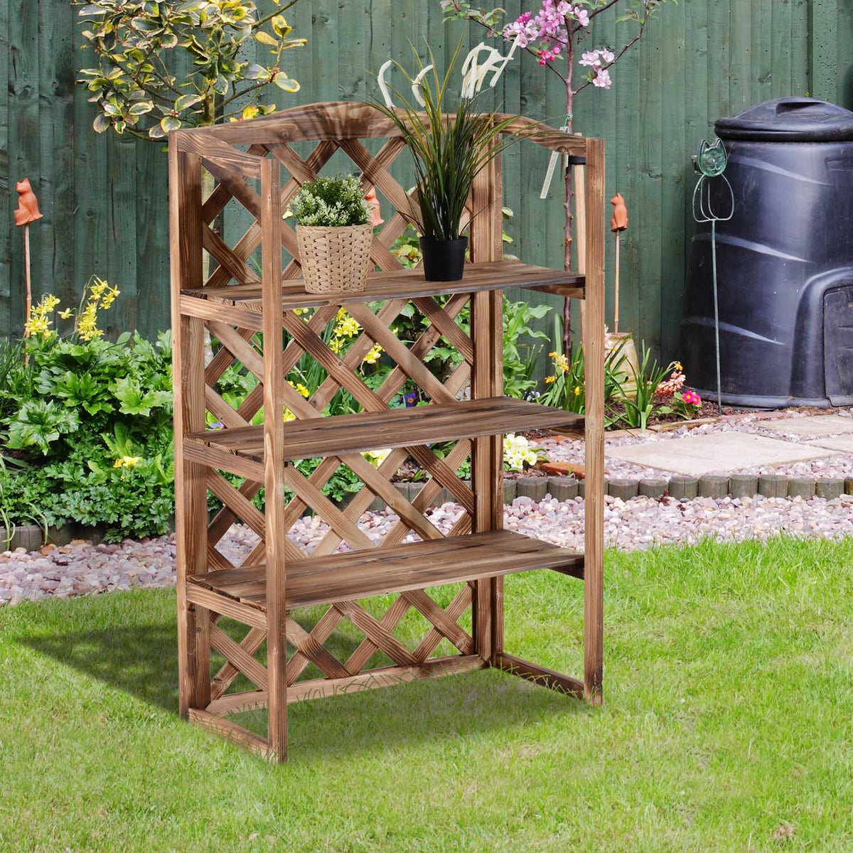 Flower Stand 3-Tier Plant Shelf Made Of Fir Wood, For Indoor And Outdoor Use, Space-Saving, Model 8
