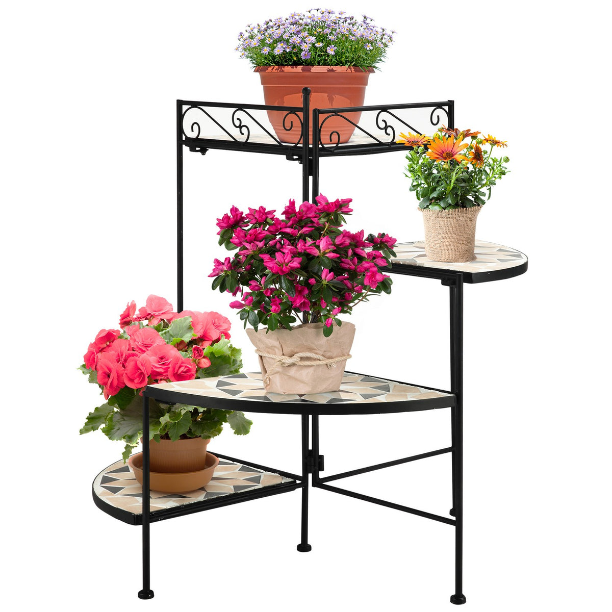 Flower Stand 4-Step Foldable Flower Stairs For Garden & Balcony, Metal With Ceramic Tiles, Black+Beige, 64X64X72Cm