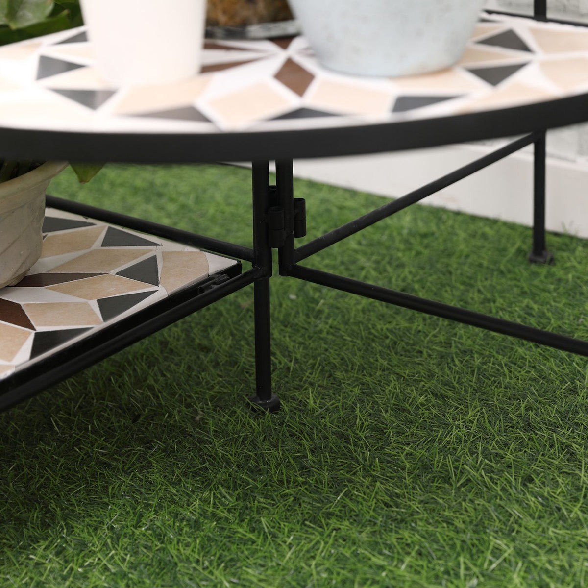 Flower Stand 4-Step Foldable Flower Stairs For Garden & Balcony, Metal With Ceramic Tiles, Black+Beige, 64X64X72Cm