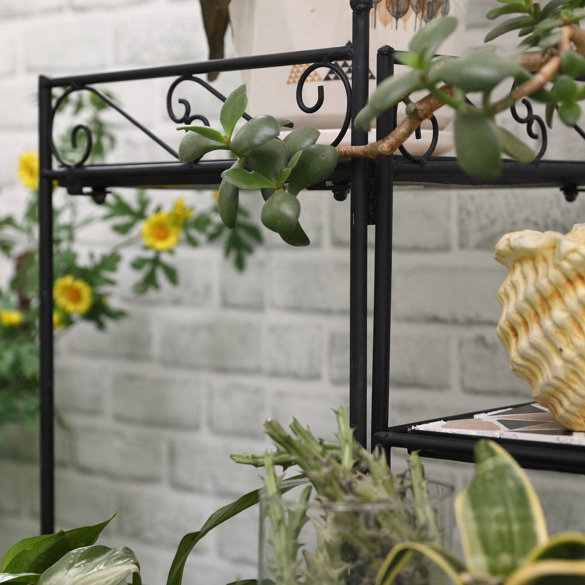 Flower Stand 4-Step Foldable Flower Stairs For Garden & Balcony, Metal With Ceramic Tiles, Black+Beige, 64X64X72Cm