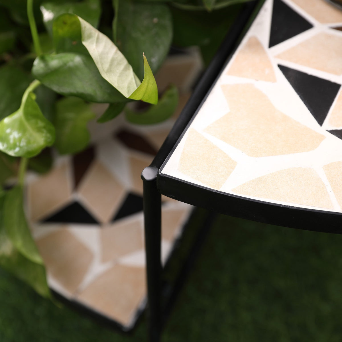 Flower Stand 4-Step Foldable Flower Stairs For Garden & Balcony, Metal With Ceramic Tiles, Black+Beige, 64X64X72Cm