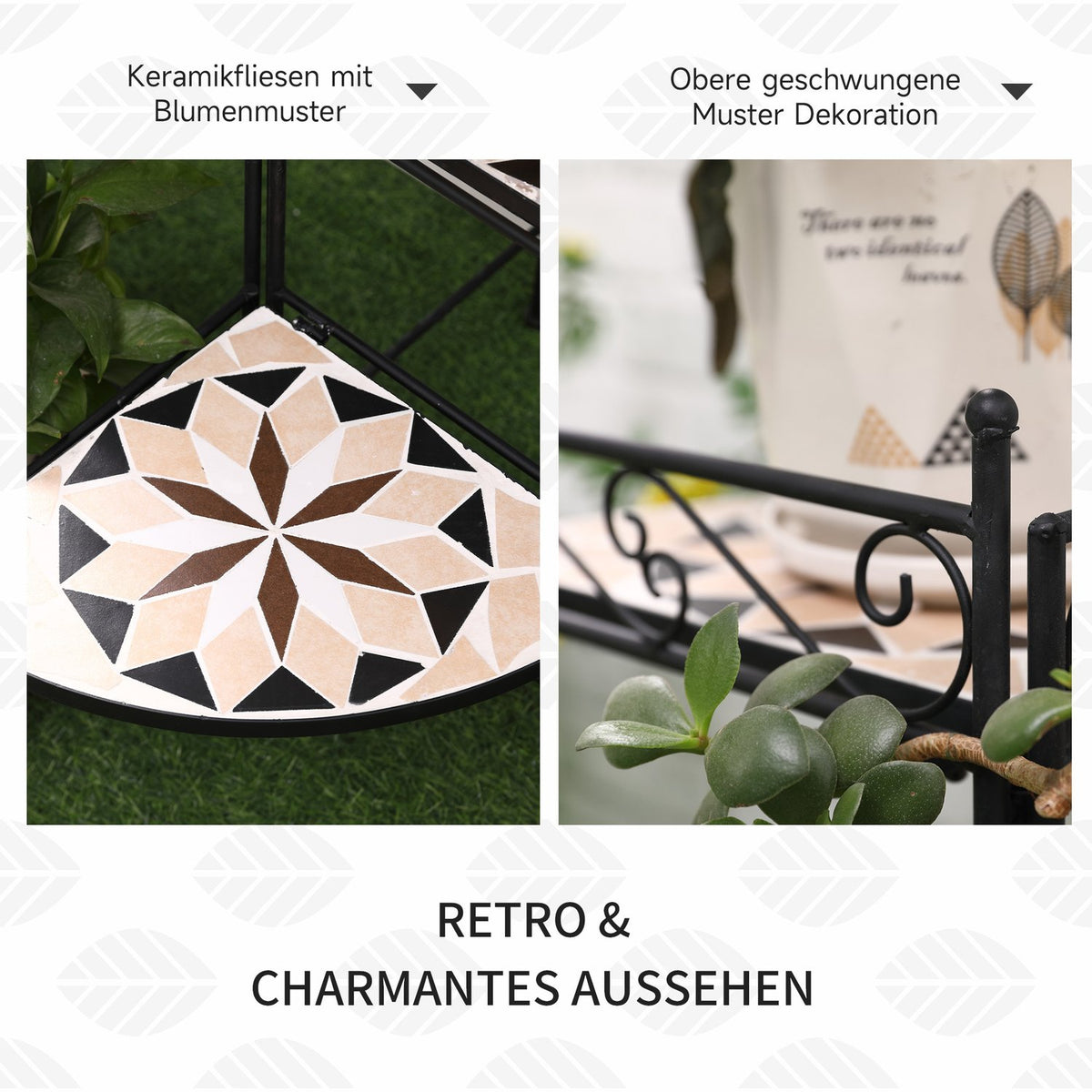 Flower Stand 4-Step Foldable Flower Stairs For Garden & Balcony, Metal With Ceramic Tiles, Black+Beige, 64X64X72Cm