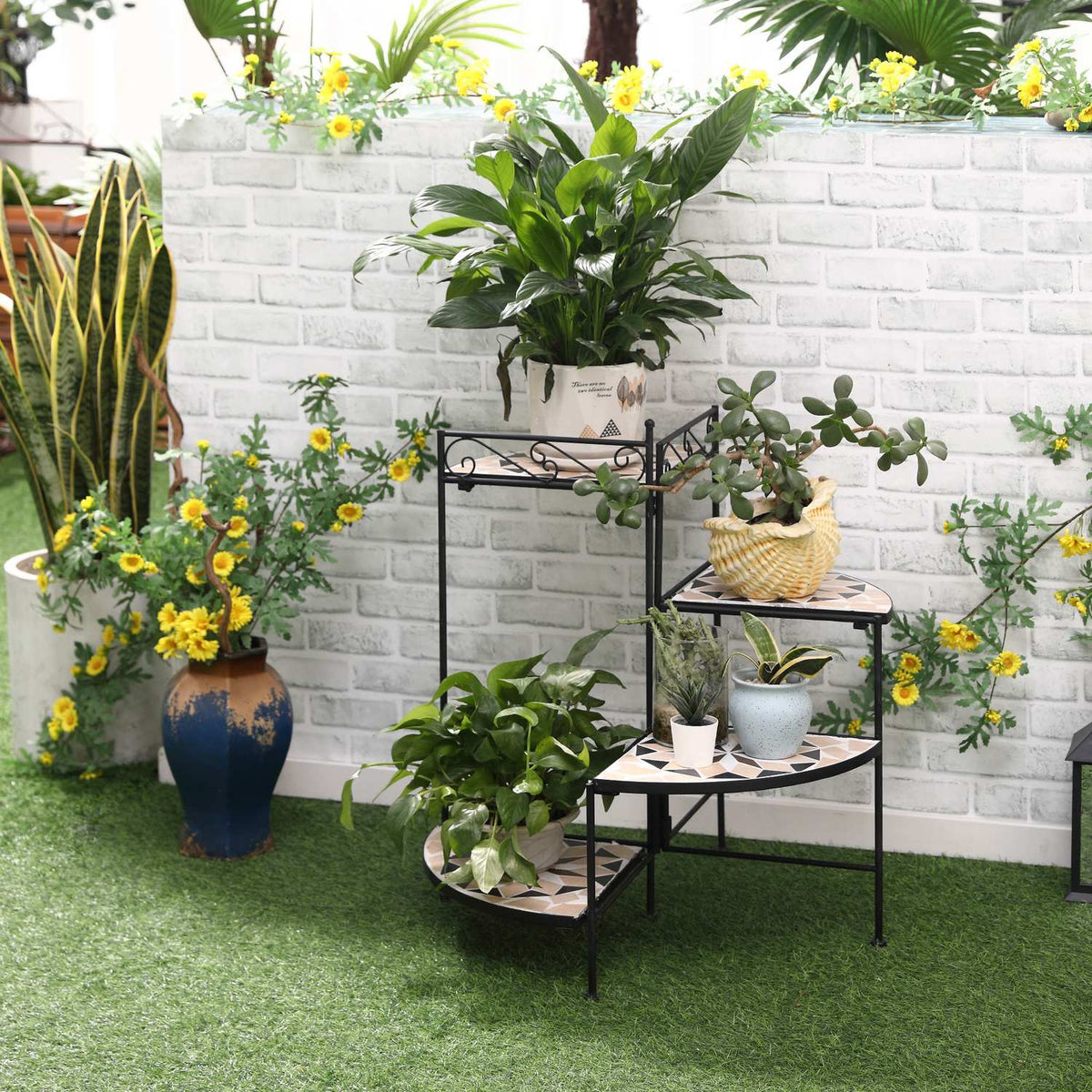 Flower Stand 4-Step Foldable Flower Stairs For Garden & Balcony, Metal With Ceramic Tiles, Black+Beige, 64X64X72Cm
