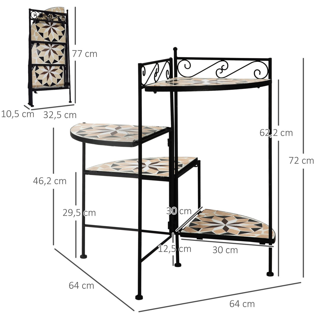 Flower Stand 4-Step Foldable Flower Stairs For Garden & Balcony, Metal With Ceramic Tiles, Black+Beige, 64X64X72Cm