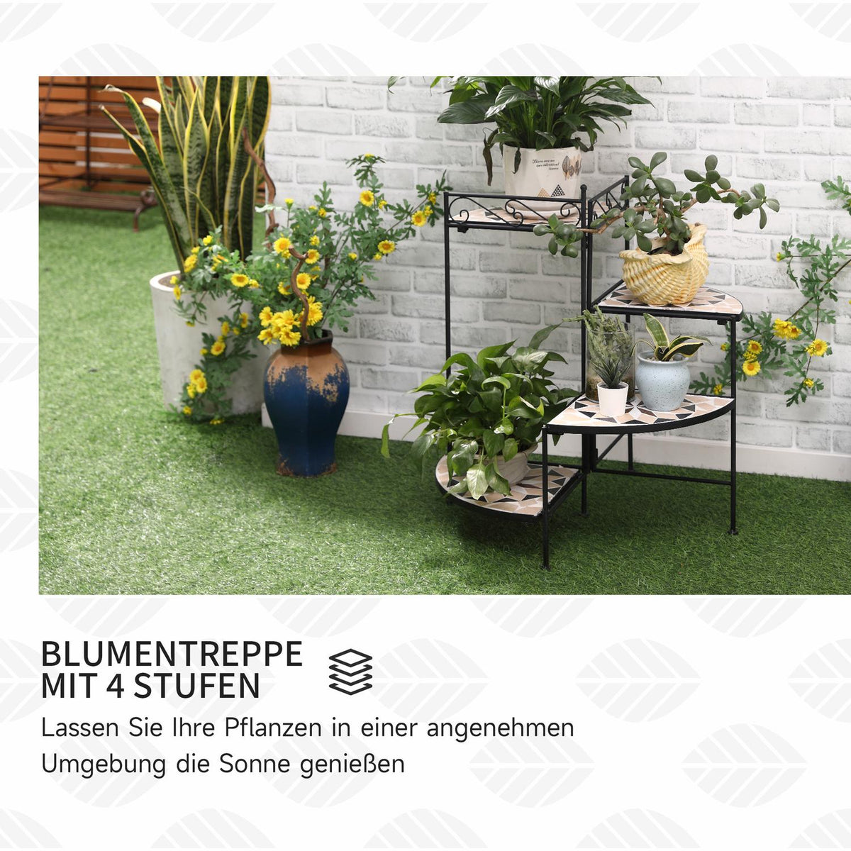 Flower Stand 4-Step Foldable Flower Stairs For Garden & Balcony, Metal With Ceramic Tiles, Black+Beige, 64X64X72Cm