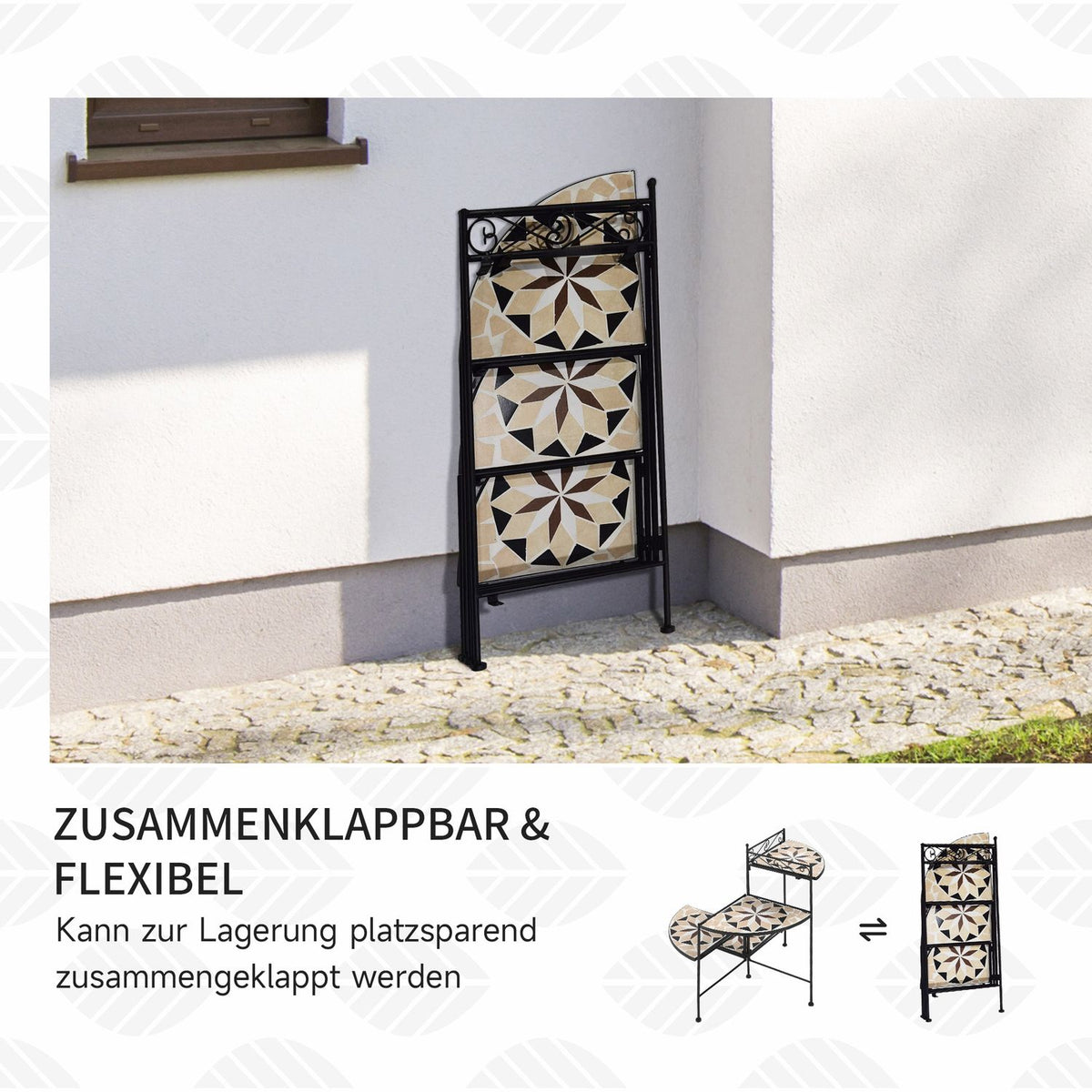 Flower Stand 4-Step Foldable Flower Stairs For Garden & Balcony, Metal With Ceramic Tiles, Black+Beige, 64X64X72Cm