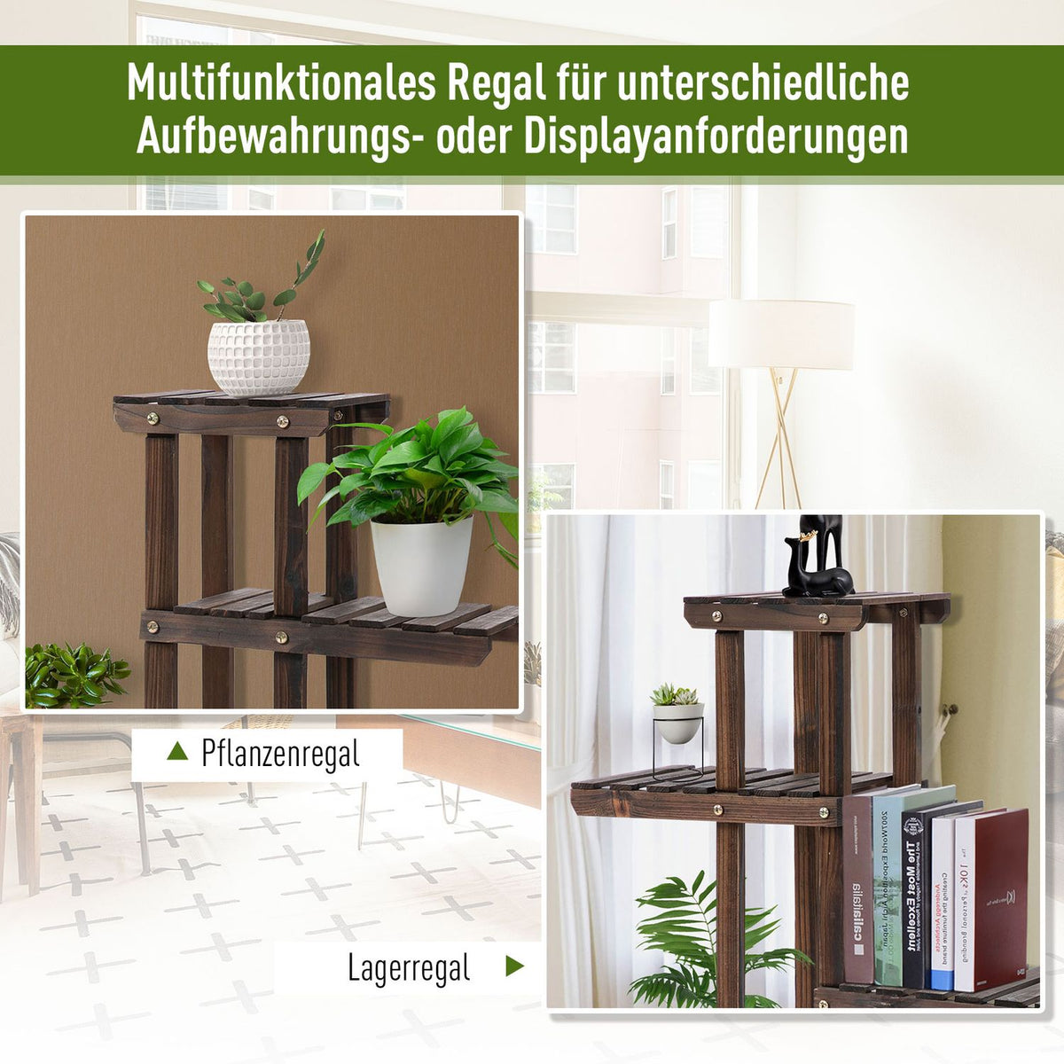 Flower Stand Plant Shelf, Four Tier Flower Shelf, Solid Wood, Charred, 123.5X33X80Cm