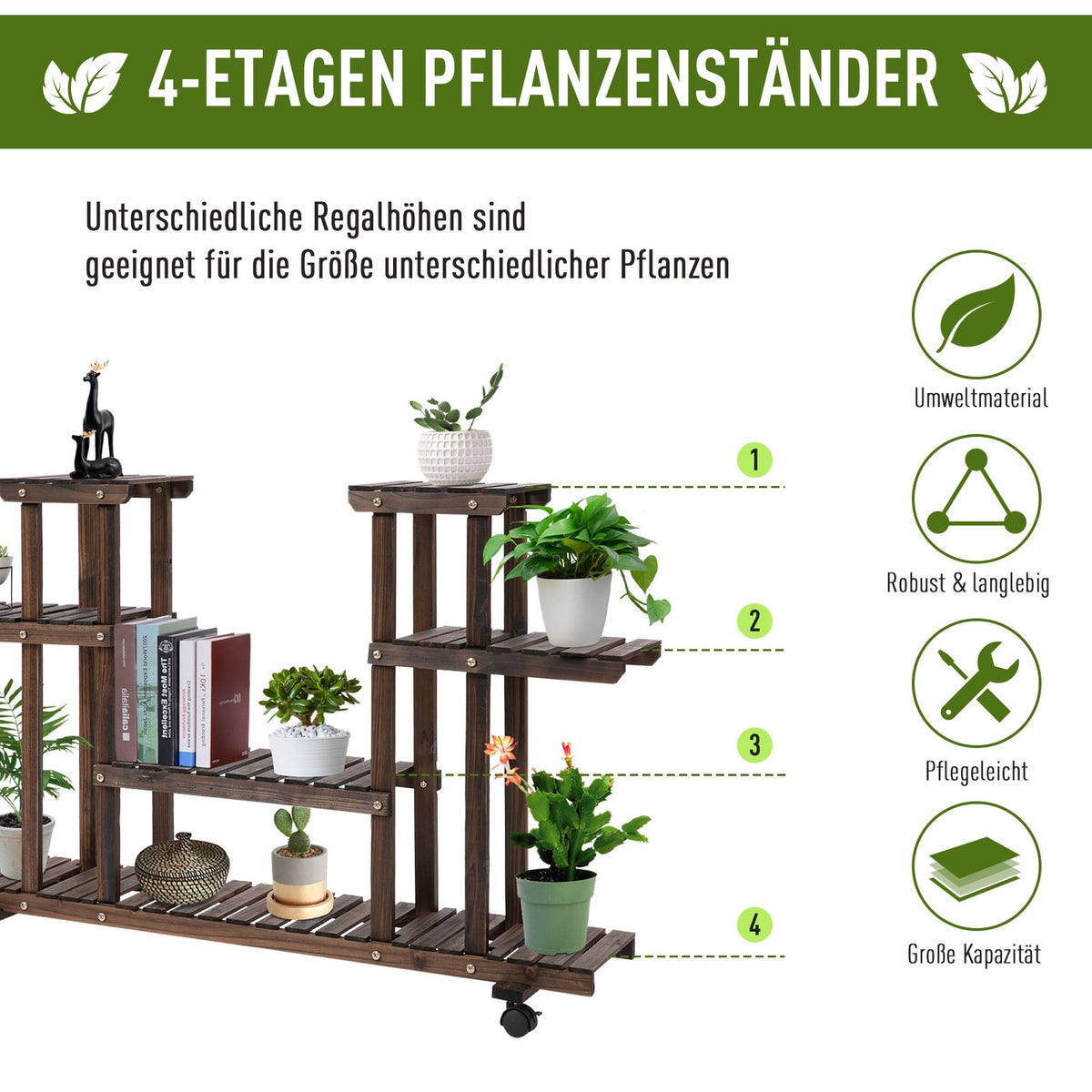 Flower Stand Plant Shelf, Four Tier Flower Shelf, Solid Wood, Charred, 123.5X33X80Cm