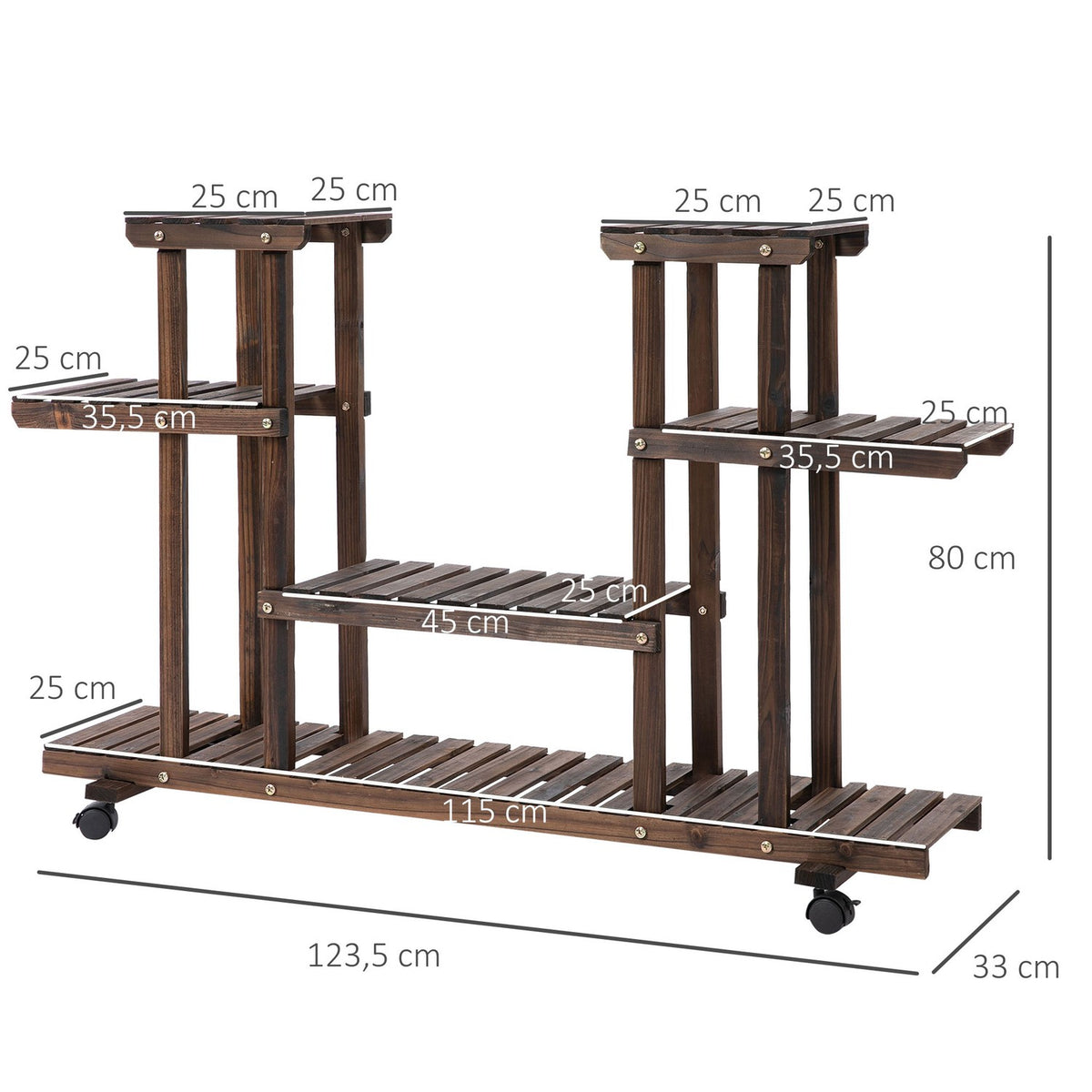 Flower Stand Plant Shelf, Four Tier Flower Shelf, Solid Wood, Charred, 123.5X33X80Cm
