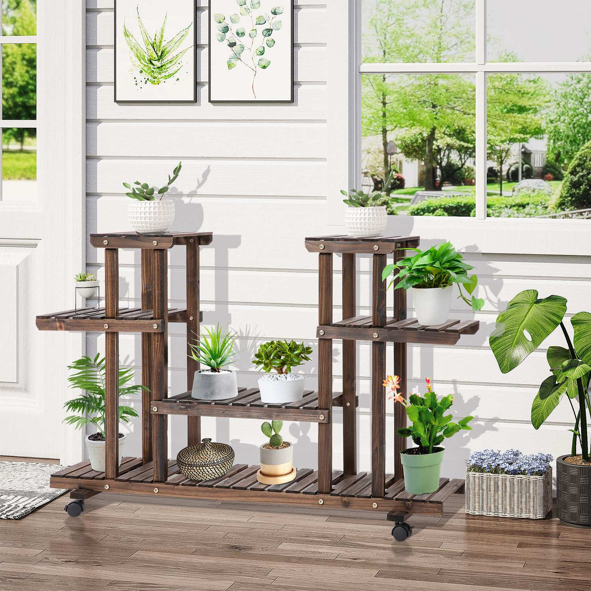 Flower Stand Plant Shelf, Four Tier Flower Shelf, Solid Wood, Charred, 123.5X33X80Cm
