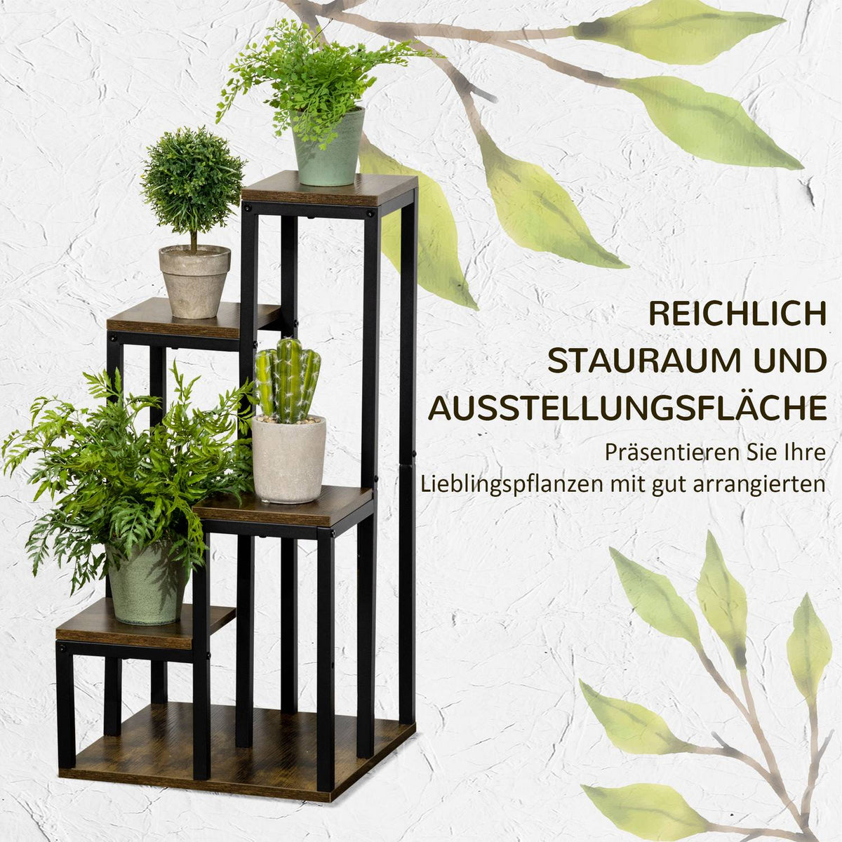 Flower Stand Plant Stand With 4 Tiers, Multifunctional Plant Shelf, Brown, 40X40X81Cm