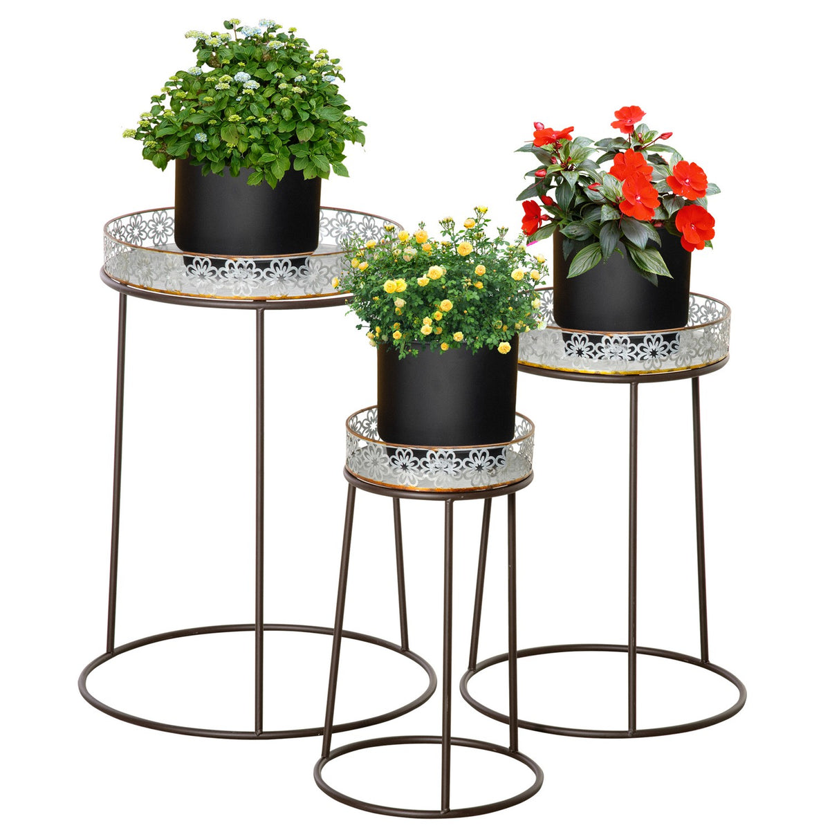 Flower Stand Set Of 3 Metal Plant Stands, Stackable Flower Stools In Coffee + Silver, For Flower Pots