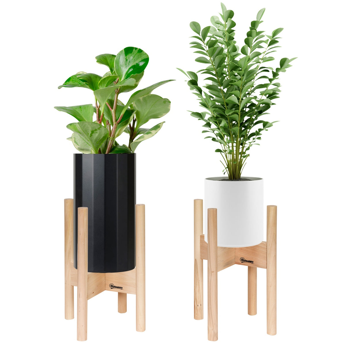 Flower Stands Set Of 2 Made Of Wood, Plant Stands With Different Heights, Flower Stools, Natural