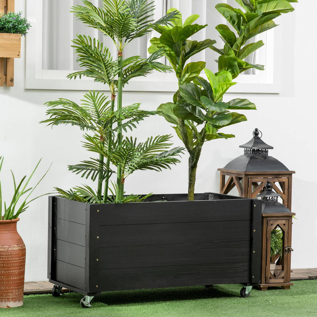 Flower box, raised bed with wheels, plant box, herb bed for garden, terrace and balcony, solid wood, black, 89 x 48 x 47 cm