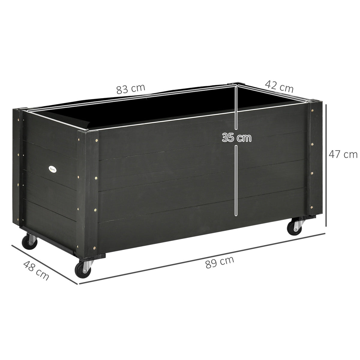 Flower box, raised bed with wheels, plant box, herb bed for garden, terrace and balcony, solid wood, black, 89 x 48 x 47 cm